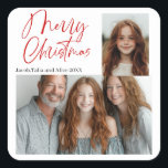 Merry Christmas Multi two photo Design Red Square Sticker<br><div class="desc">Merry Christmas multi-photo design with two photos,  red writing</div>