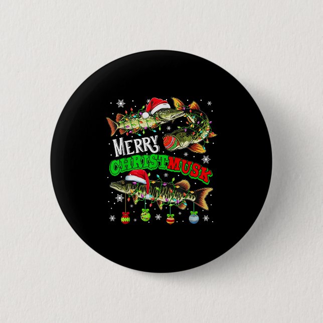 Merry Christmas Musky Three Santa Muskies Fisher F 2 Inch Round Button (Front)