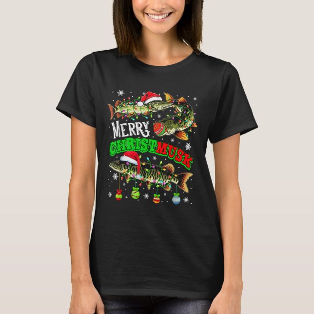Merry Christmas Musky Three Santa Muskies Fisher F T-Shirt (Front)