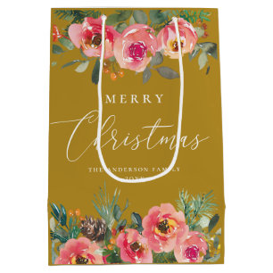 Merry Christmas. Mustard floral pine Holiday Medium Gift Bag