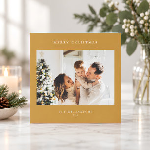 Merry Christmas Mustard Square Two Photo Modern Holiday Card