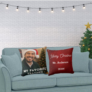 Merry Christmas My Favourite Teacher Photo Crimson Throw Pillow