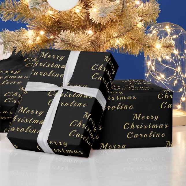 Merry Christmas Name Black Gold Simple Modern Wrapping Paper (Holidays)