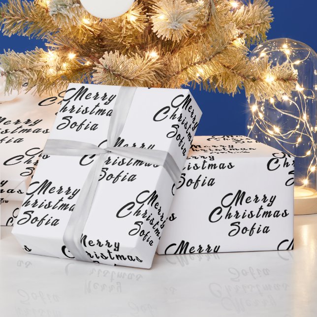 Merry Christmas Name Black White Simple Modern Wrapping Paper (Holidays)