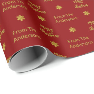 Merry Christmas Name Dark Red & Gold Snowflakes Wrapping Paper