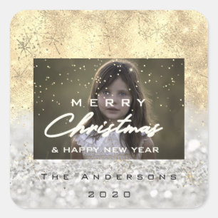 Merry Christmas Name Gold Snow Glitter Photo Grey Square Sticker