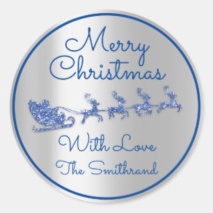 Merry Christmas Name Grey Sleigh Santa Deer Blue  Classic Round Sticker