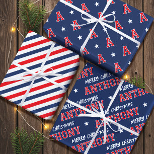 Merry Christmas Name Monogram Navy Red Teen Boy  Wrapping Paper Sheet
