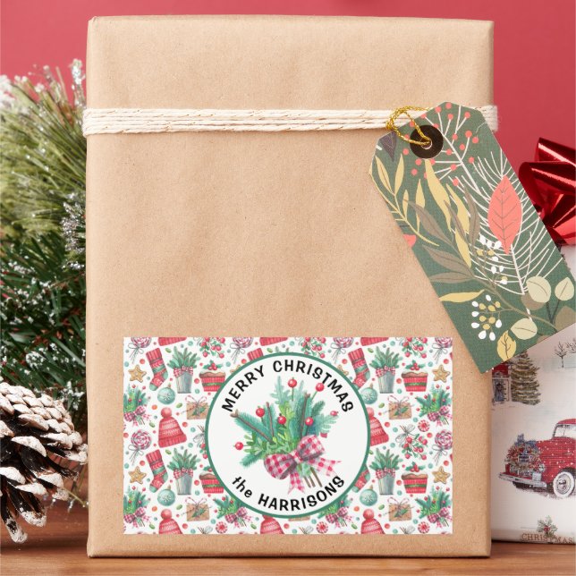 Merry Christmas & Name on 4 Holiday Pattern Sticker (Holiday)