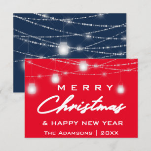 Merry Christmas Name Photo Lights Red Navy Invitation