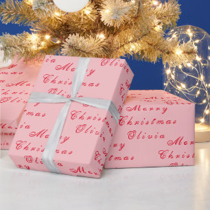 Merry Christmas Name Pink Red Simple Modern Wrapping Paper