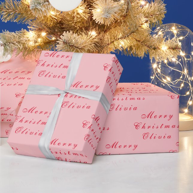 Merry Christmas Name Pink Red Simple Modern Wrapping Paper (Holidays)