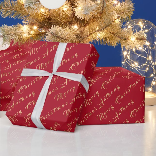 Merry Christmas Name Red Gold Simple Modern Wrapping Paper (Holidays)
