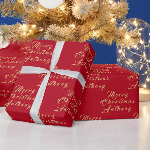 Merry Christmas Name Red Gold Simple Modern Wrapping Paper