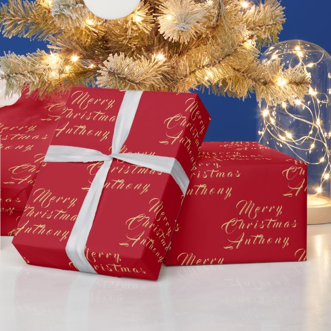 Merry Christmas Name Red Gold Simple Modern Wrapping Paper (Holidays)