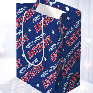Merry Christmas Name Typography Red Navy Blue Medium Gift Bag