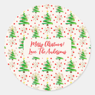"Merry Christmas" Names, Trees & Gold Snowflakes Classic Round Sticker