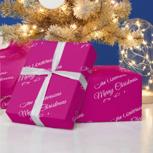 Merry Christmas, Names, White Script on Fuchsia Wrapping Paper