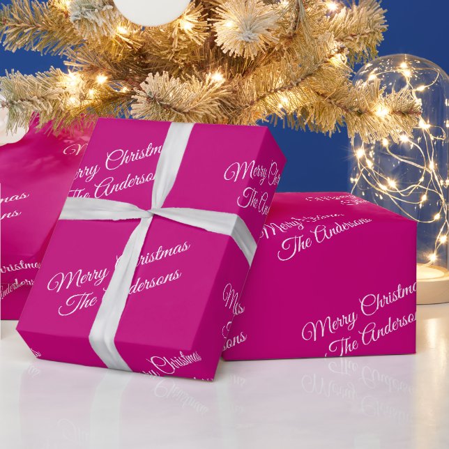 Merry Christmas, Names, White Script on Fuchsia Wrapping Paper (Holidays)