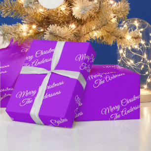 Merry Christmas, Names, White Script on Purple Wrapping Paper