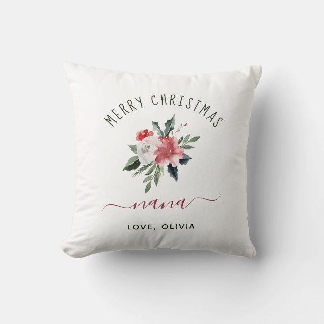 Merry Christmas Nana | Pretty Watercolor Floral Throw Pillow (Front)