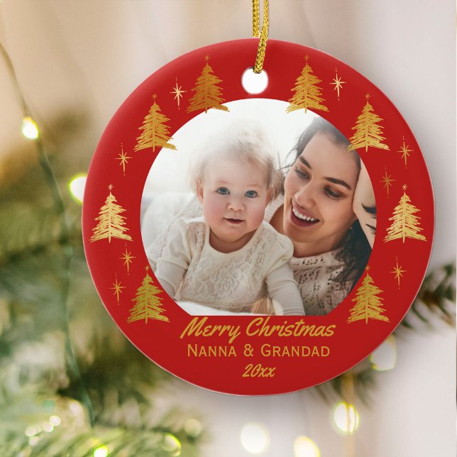 Merry Christmas Nanna & Grandad - Red Gold Photo Ceramic Ornament (Christmas photo ornament for Nana and Granddad)