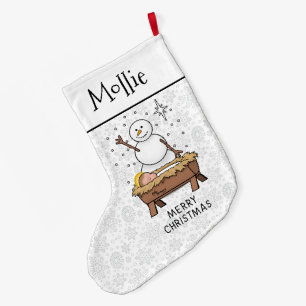 Merry Christmas Nativity Baby Jesus Snowman Large Christmas Stocking