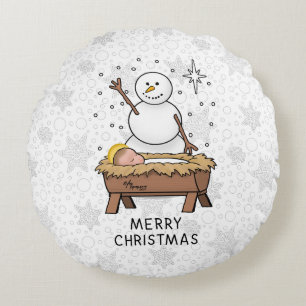 Merry Christmas Nativity Baby Jesus Snowman Round Pillow