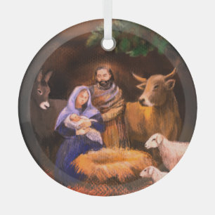 Merry Christmas nativity Glass Ornament