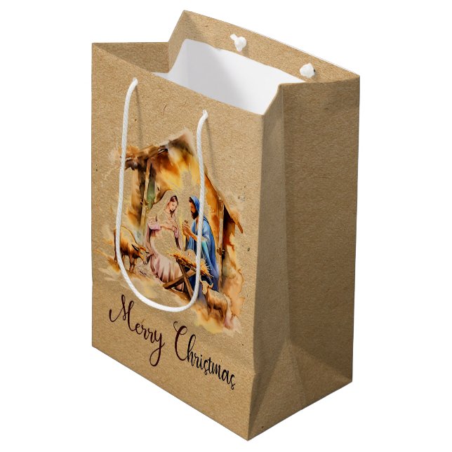 Merry Christmas Nativity Medium Gift Bag (Front Angled)