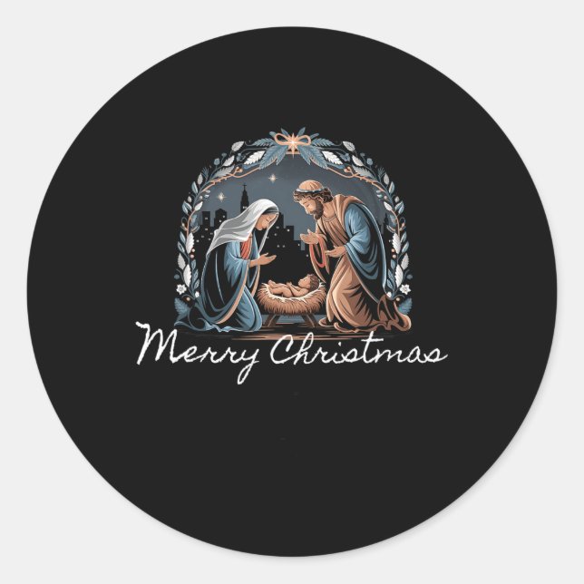 Merry Christmas Nativity Scene North Star Ba  Classic Round Sticker (Front)