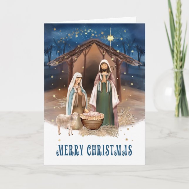 Merry Christmas. Nativity Scene Painting Holiday Card (Front)