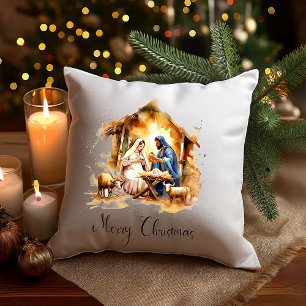 Merry Christmas Nativity Throw Pillow