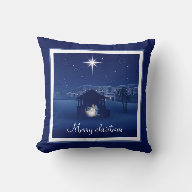 Merry Christmas Nativity Throw Pillow (Front)