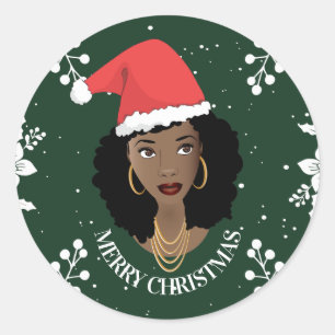 Merry Christmas, Natural Hair Beauty Santa, Green Classic Round Sticker