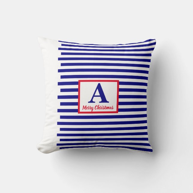 Merry Christmas Nautical Monogram Red Blue White Throw Pillow (Front)