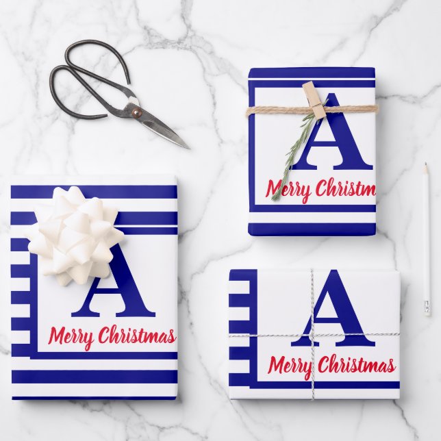 Merry Christmas Nautical Monogram Red Blue White Wrapping Paper Sheet (Front)