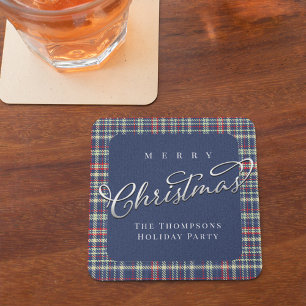 Merry Christmas Navy Blue Calligraphy Script Plaid Square Paper Coaster