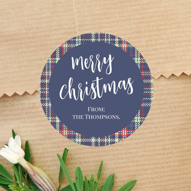 Merry Christmas Navy Blue Cute Calligraphy Script  Classic Round Sticker (Merry Christmas simple festive holiday calligraphy script round sticker. )