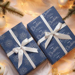 Merry Christmas Navy Blue Personalized Wrapping Paper Sheet<br><div class="desc">This design features a merry Christmas navy blue wrapping paper,  with a stylish sparkle,  a simple pattern,  a classic snow,  a traditional winter,  with a minimalist rustic,  calligraphy script,  typography design and silver snowflake,  with family name.</div>