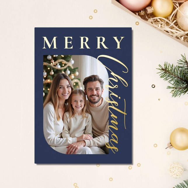 Merry Christmas Navy Blue Photo Gold Foil Holiday Card (Creator Uploaded)
