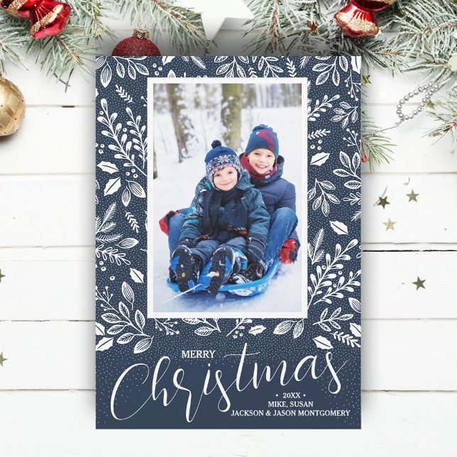 Merry Christmas Navy Blue Photo Holiday Card (White botanicals on navy blue Merry Christmas photo holiday cards, PRINTED and/or INSTANT DOWNLOAD)