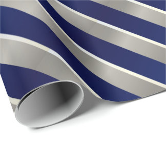 Merry Christmas Navy Blue, Silver & White Stripes Wrapping Paper