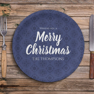 Merry Christmas Navy Blue Simple Snowflake Pattern Paper Plate