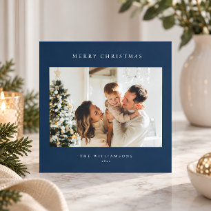 Merry Christmas Navy Blue Square Two Photo Modern Holiday Card