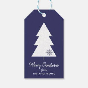 Merry Christmas Navy Blue White Christmas Tree Gift Tags