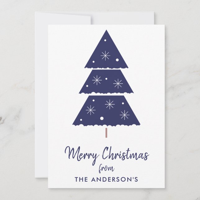 Merry Christmas Navy Christmas Tree Snowflakes Holiday Card (Front)