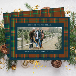Merry Christmas Navy Plaid Flannel Family Photo Holiday Card