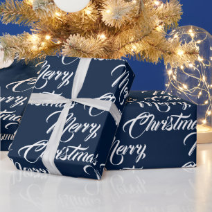 Merry Christmas navy white custom script elegant Wrapping Paper