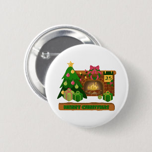 Merry Christmas near fireplace bonfire xmas tree 2 Inch Round Button